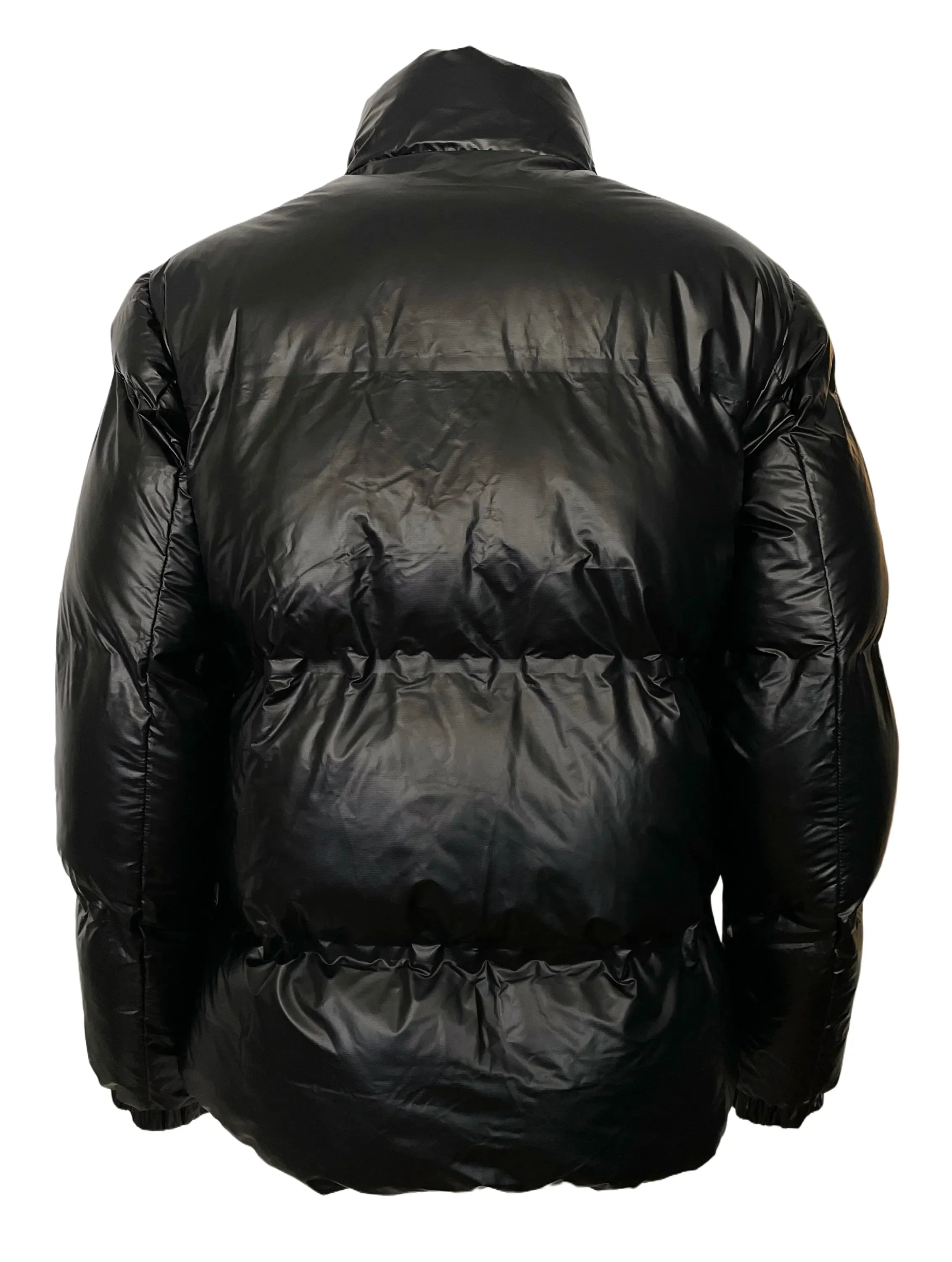 Back view of a shiny black puffer jacket with a high collar and quilted design