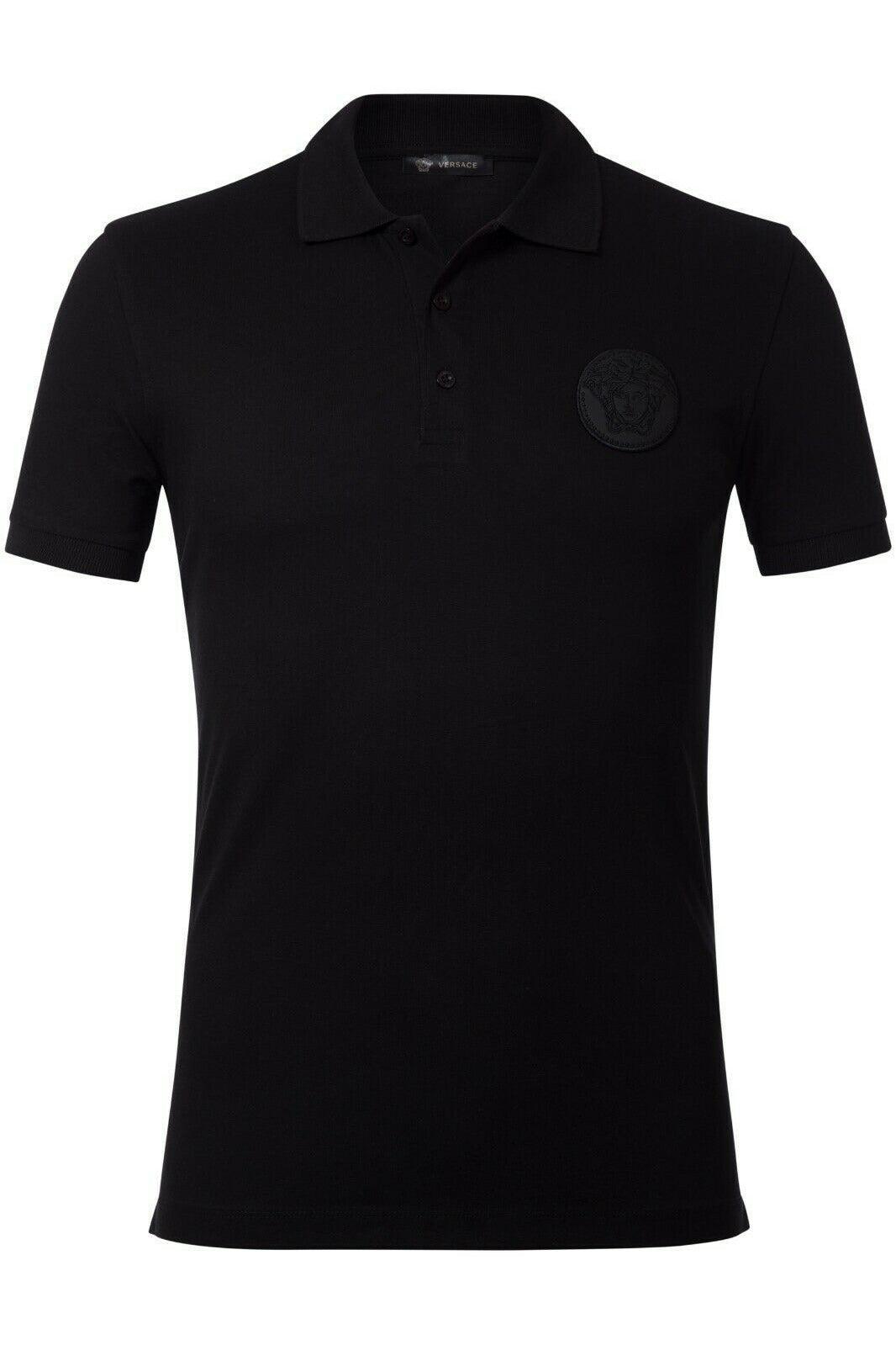 Black Versace polo shirt with buttons and embossed Medusa logo patch on chest