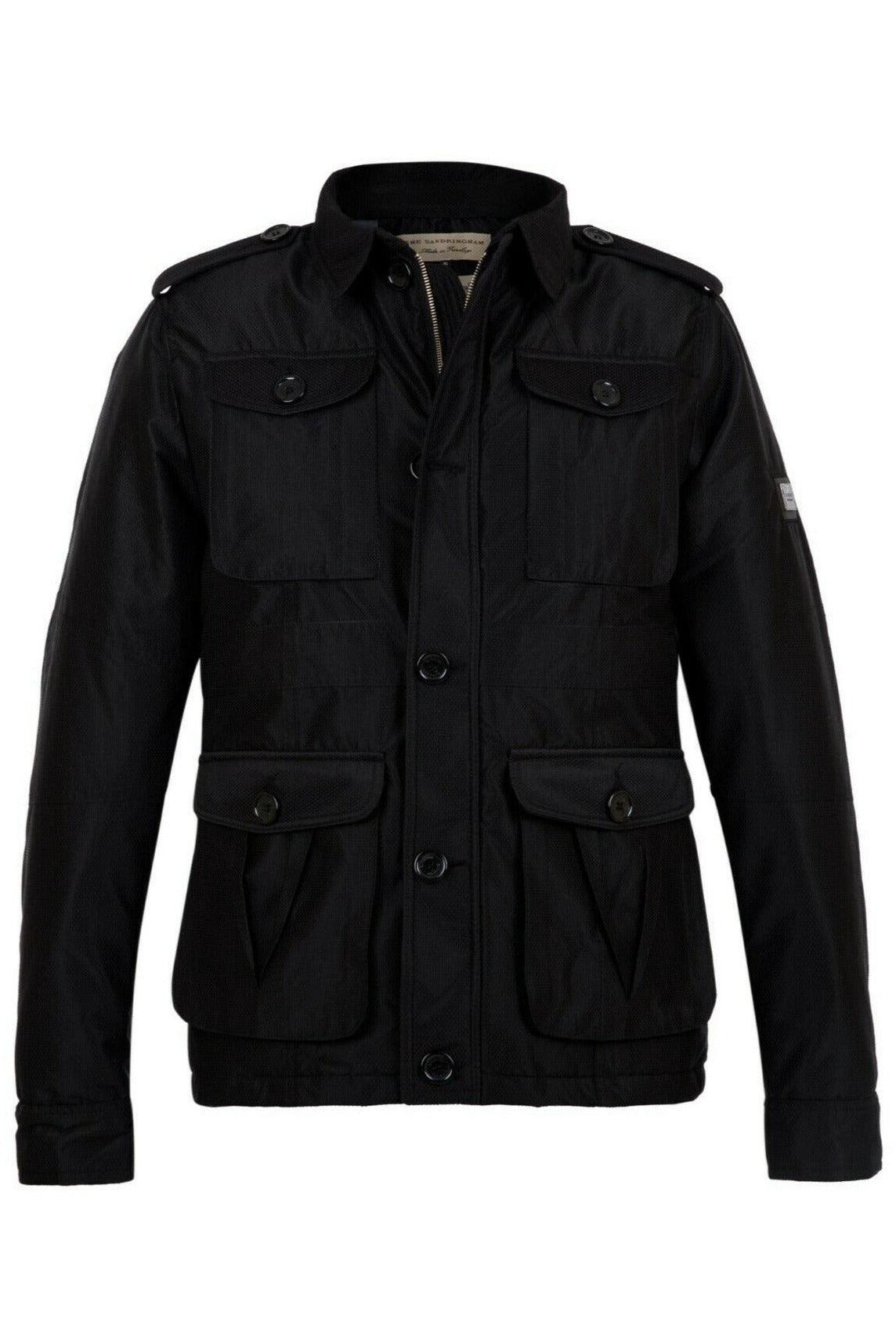 Men's black military-style jacket with buttoned flap pockets and shoulder epaulets