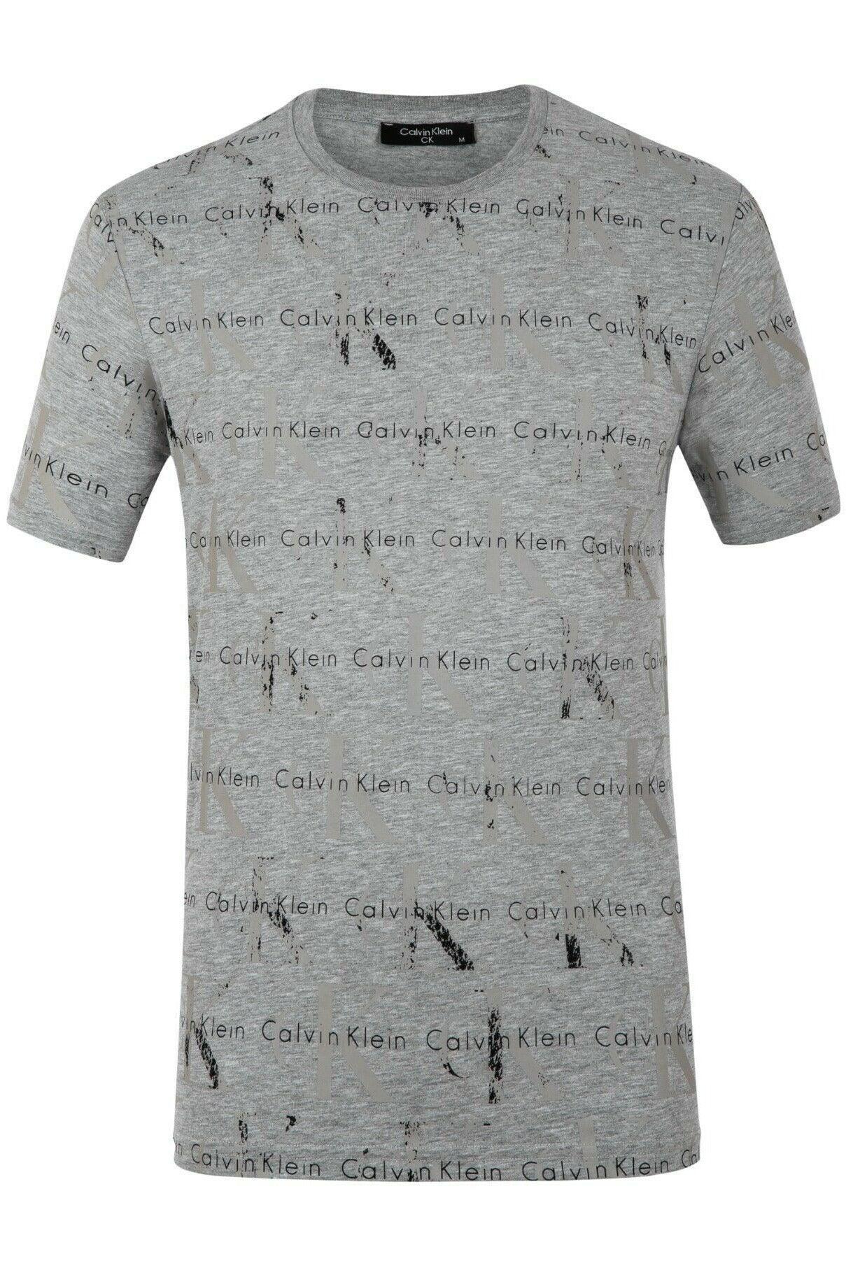 Grey Calvin Klein men's T-shirt with all-over black and beige logo print