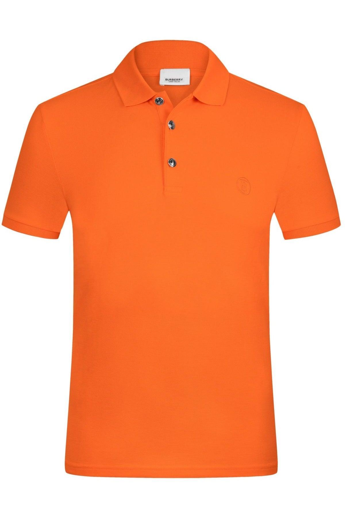 Orange Burberry polo shirt with three buttons and embroidered logo on chest