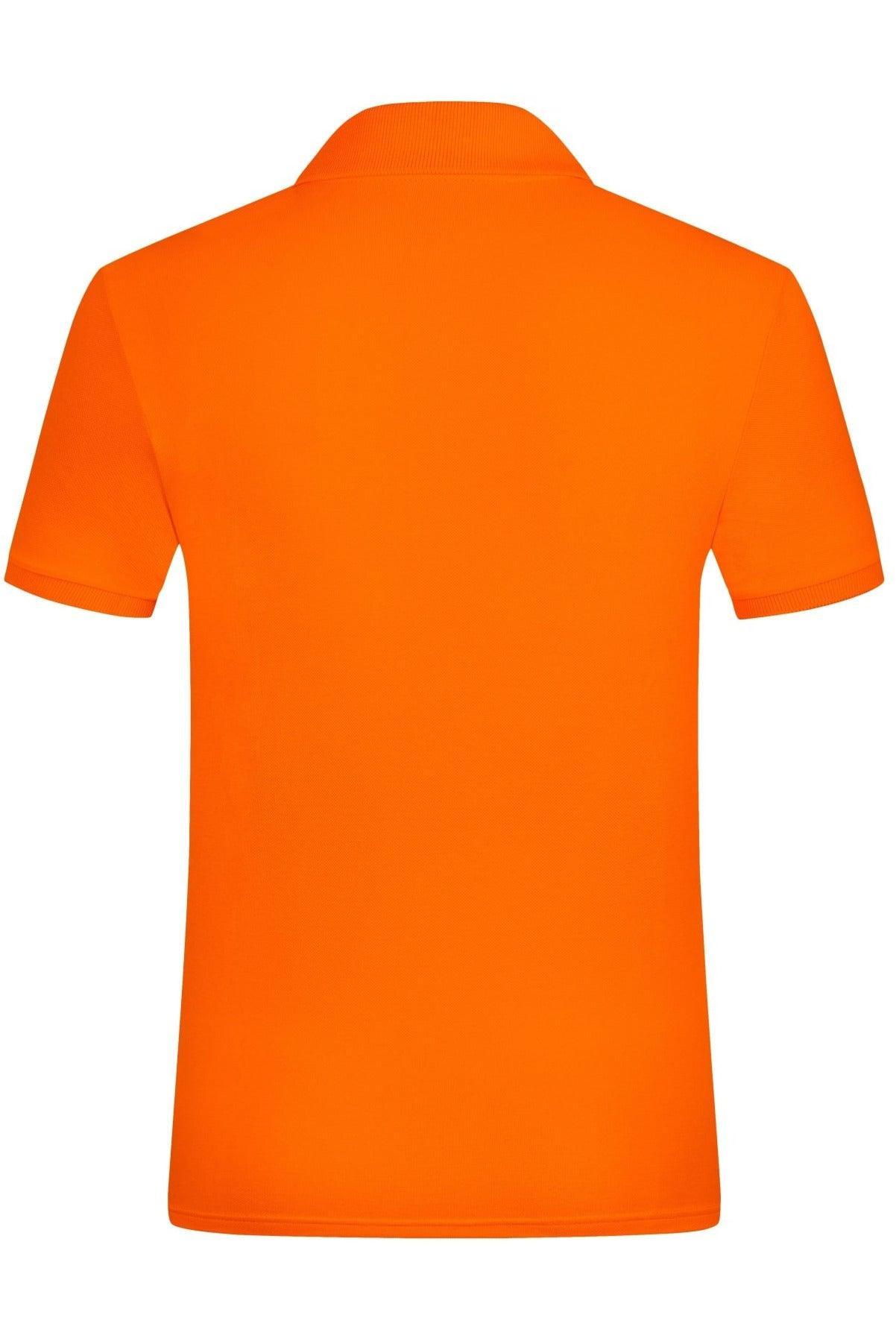 Bright orange short-sleeve polo shirt with classic collar, back view