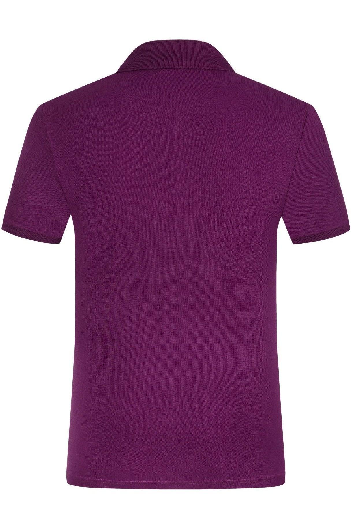 Back view of a plain purple short-sleeve polo shirt with a ribbed collar and cuffs
