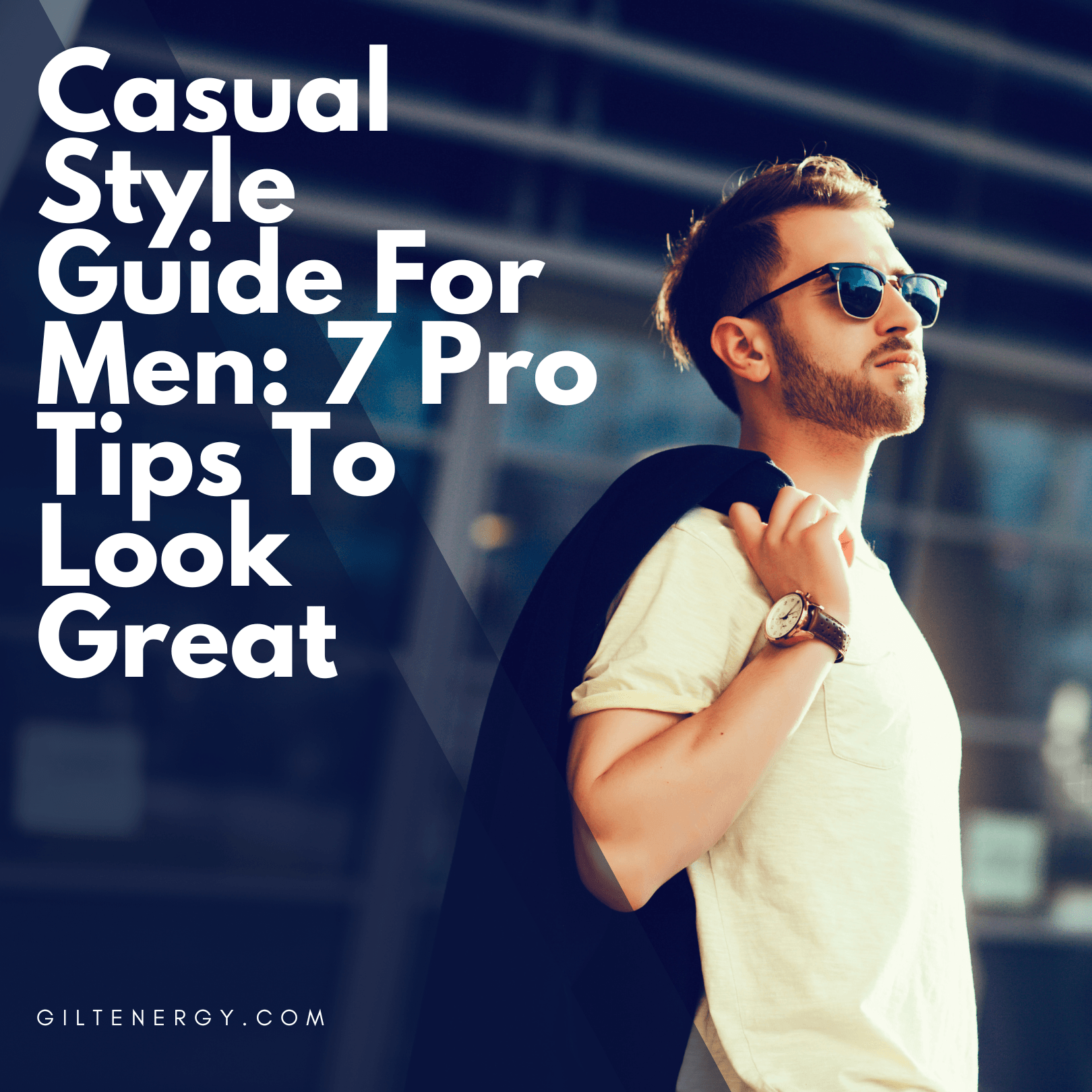 Stylish man in sunglasses and wristwatch with jacket over shoulder in urban setting