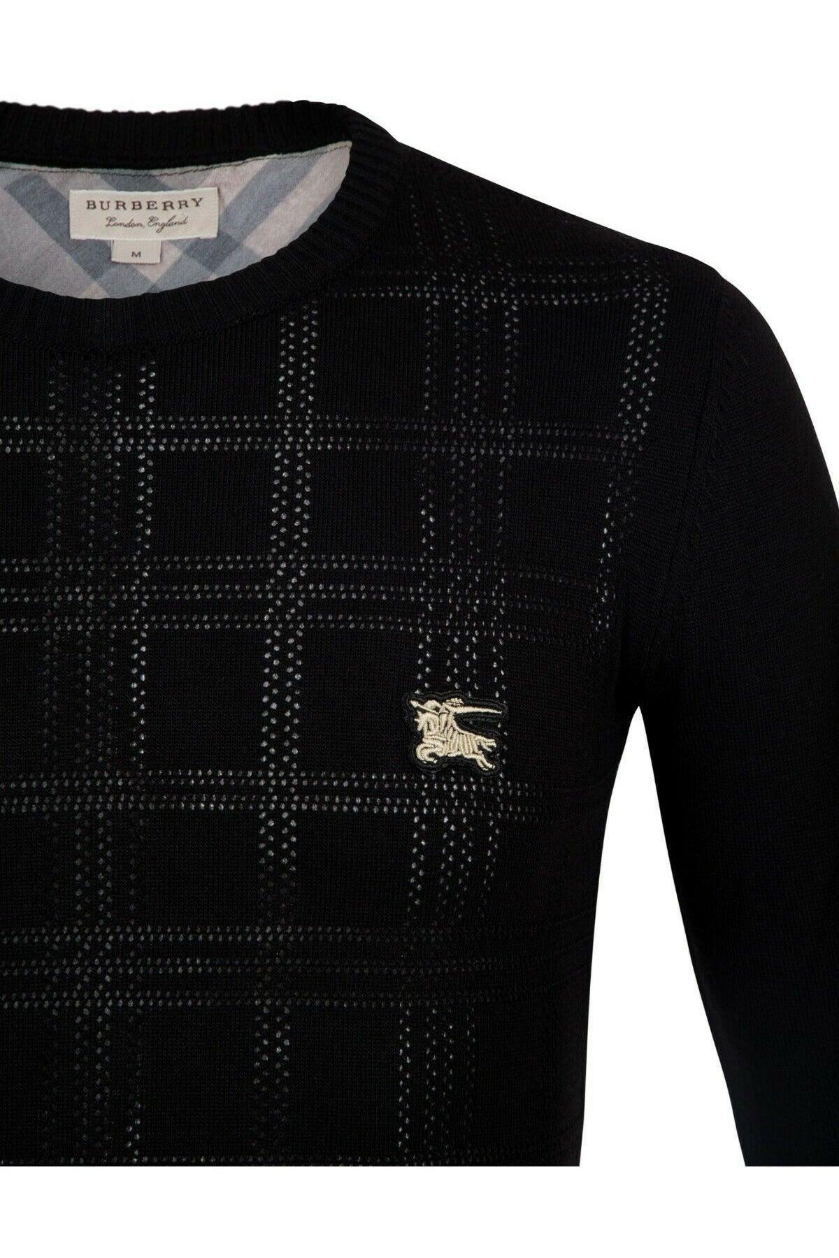Black Burberry men's crewneck sweater with tonal check pattern and embroidered logo