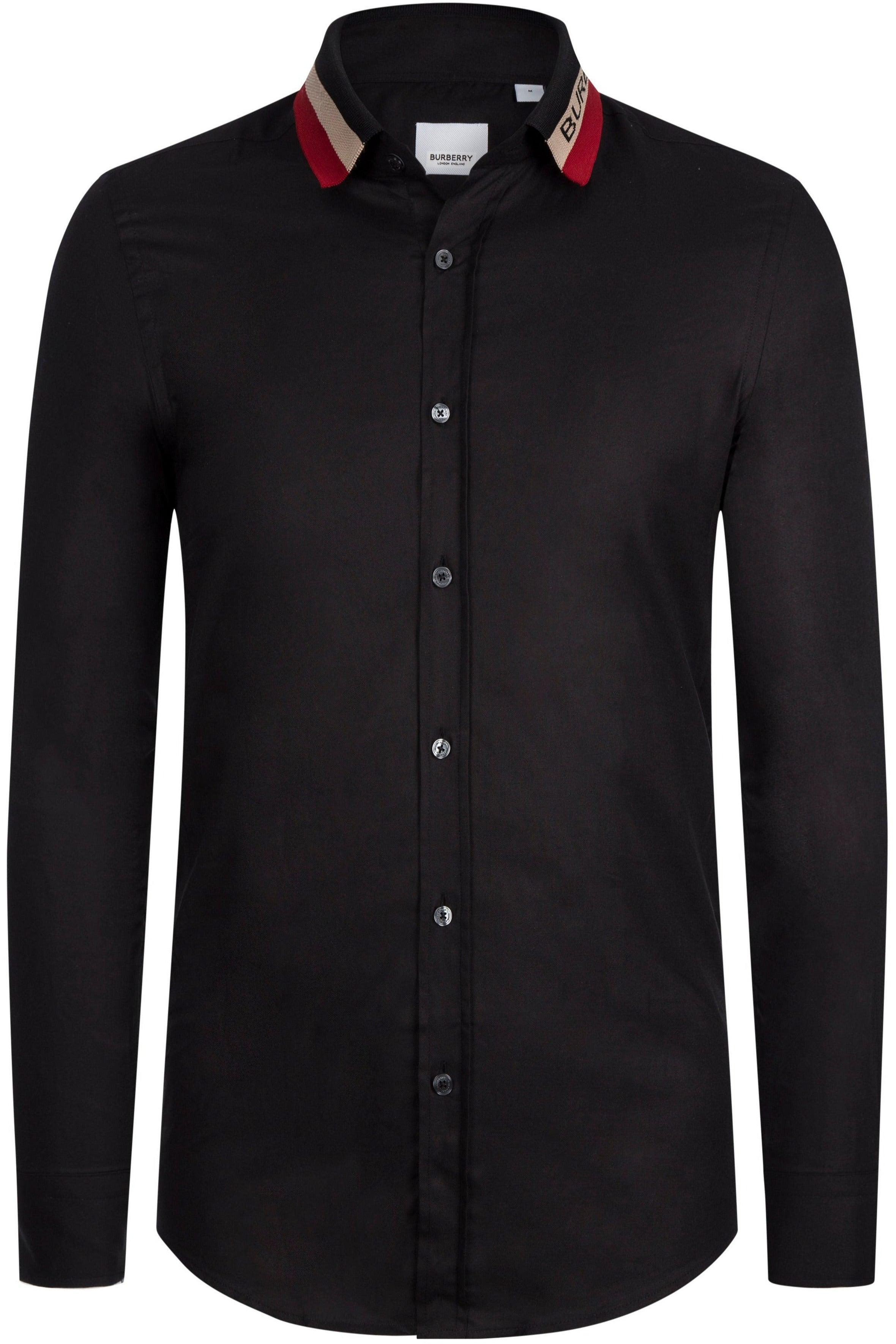 Black Burberry men's button-up shirt with branded, striped collar and long sleeves