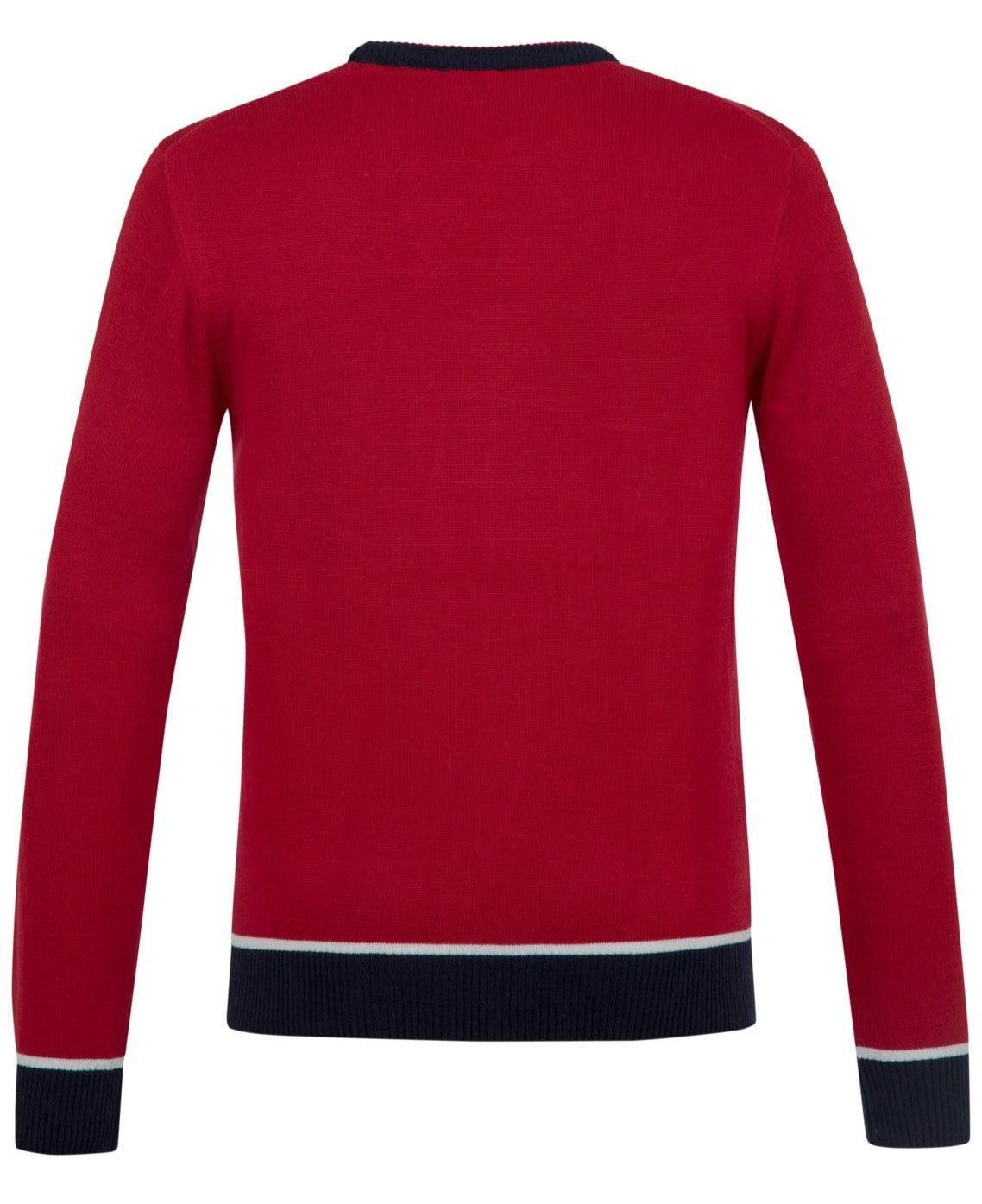 Back view of red Moncler sweater with black and white trim on cuffs and hem